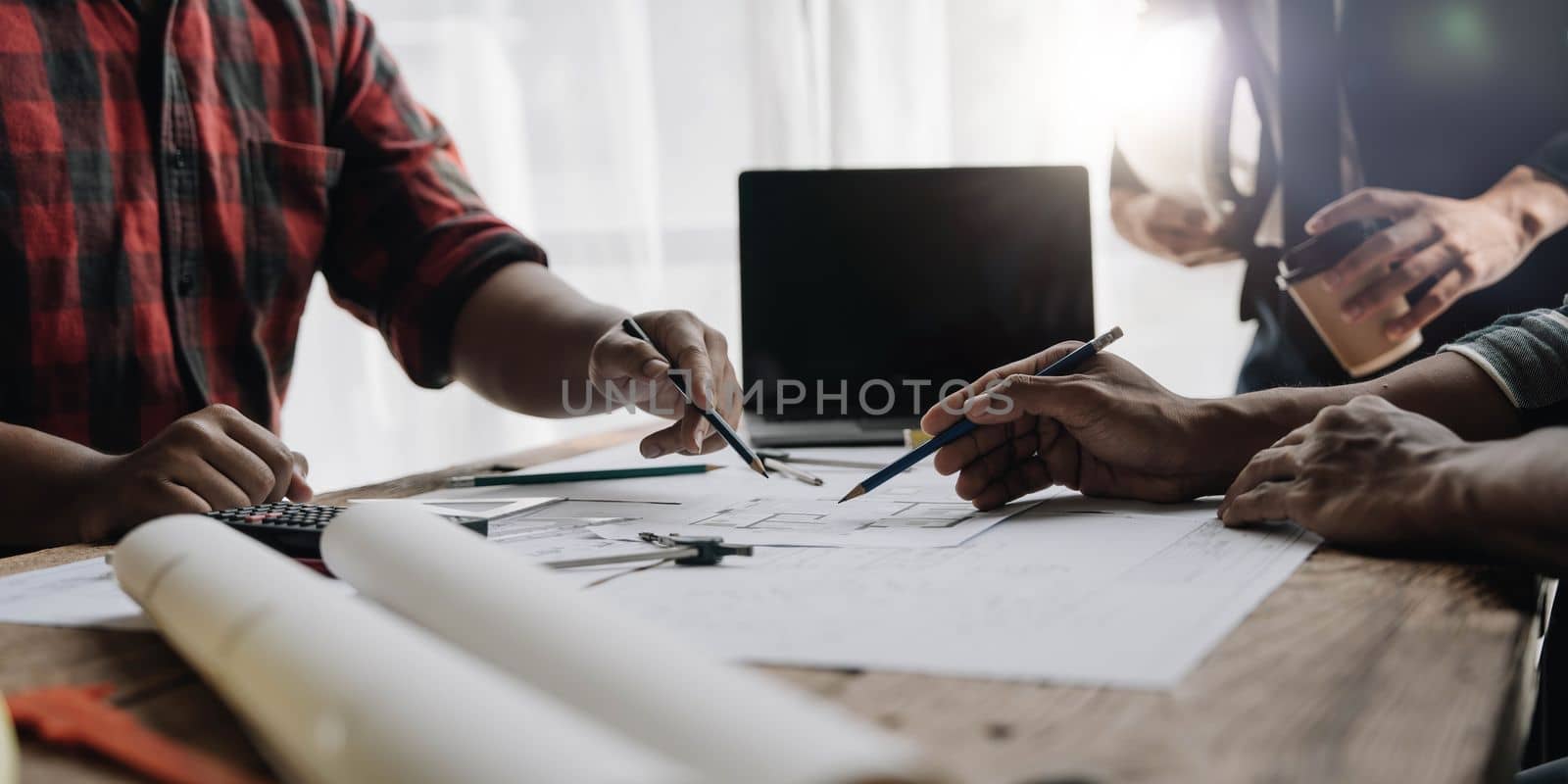 Engineer Teamwork Meeting, Drawing working on blueprint meeting for project working with partner on model building and engineering tools in working site, Construction and structure concept....