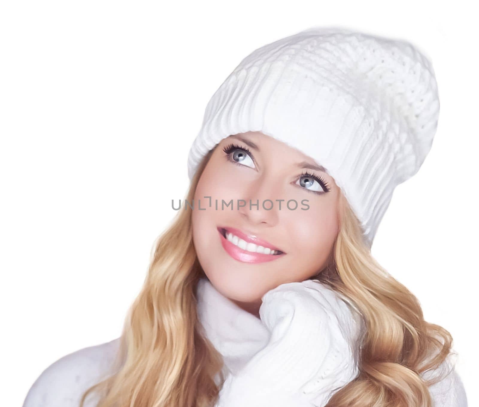 Winter holiday, lifestyle and fashion, beautiful happy woman on isolated white background, Christmas, New Year and holidays portrait.
