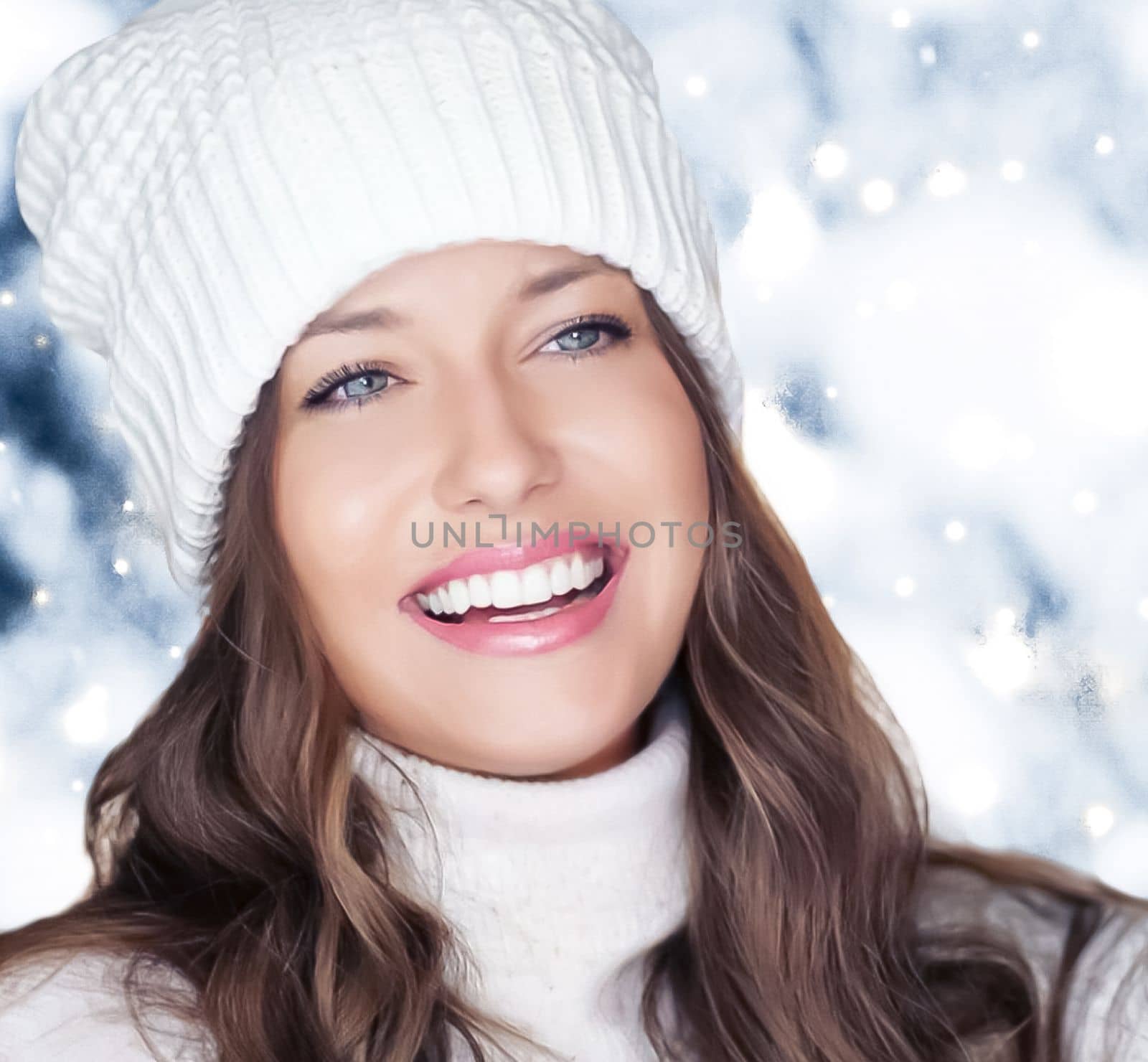 Winter holiday travel, lifestyle and fashion, beautiful happy woman and snowy forest, nature, ski resort and leisure activity outdoors Christmas, New Year and holidays portrait.