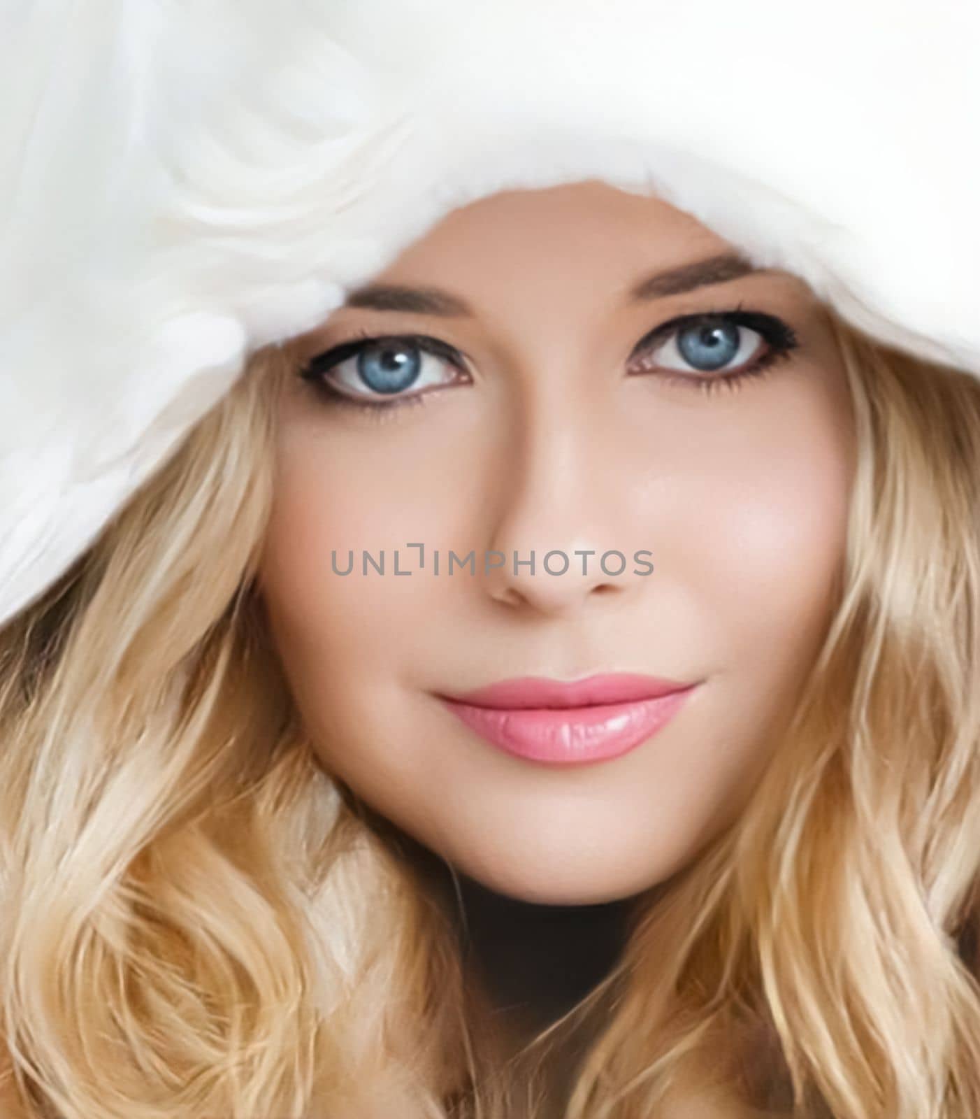 Beautiful woman in white fur coat, beauty and winter fashion by Anneleven