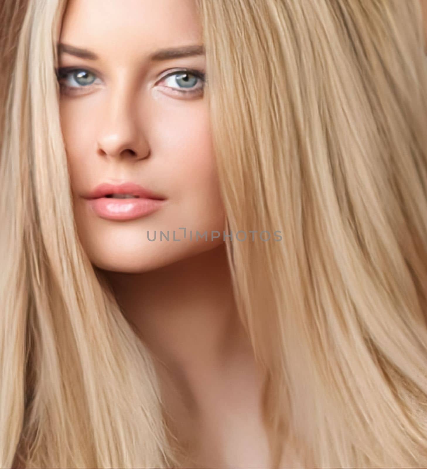 Hairstyle, beauty and hair care, beautiful blonde woman with long blond hair, glamour portrait for hair salon and haircare by Anneleven