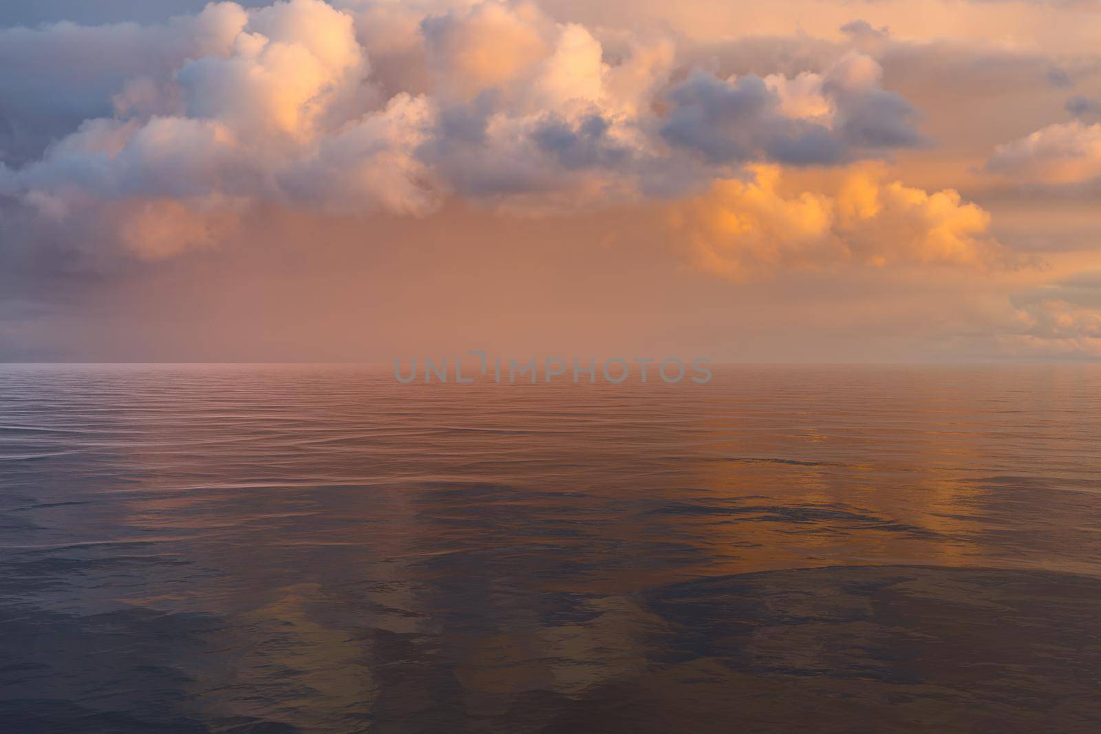 Magical pale pink sky with fluffy colorful clouds at sunset and the sea in a romantic atmosphere