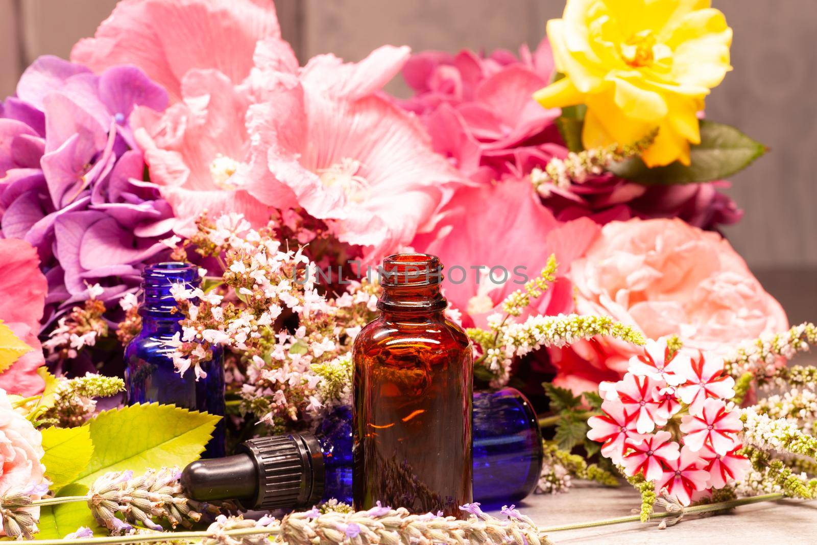 flowers and bottles of essential oils for aromatherapy by jp_chretien