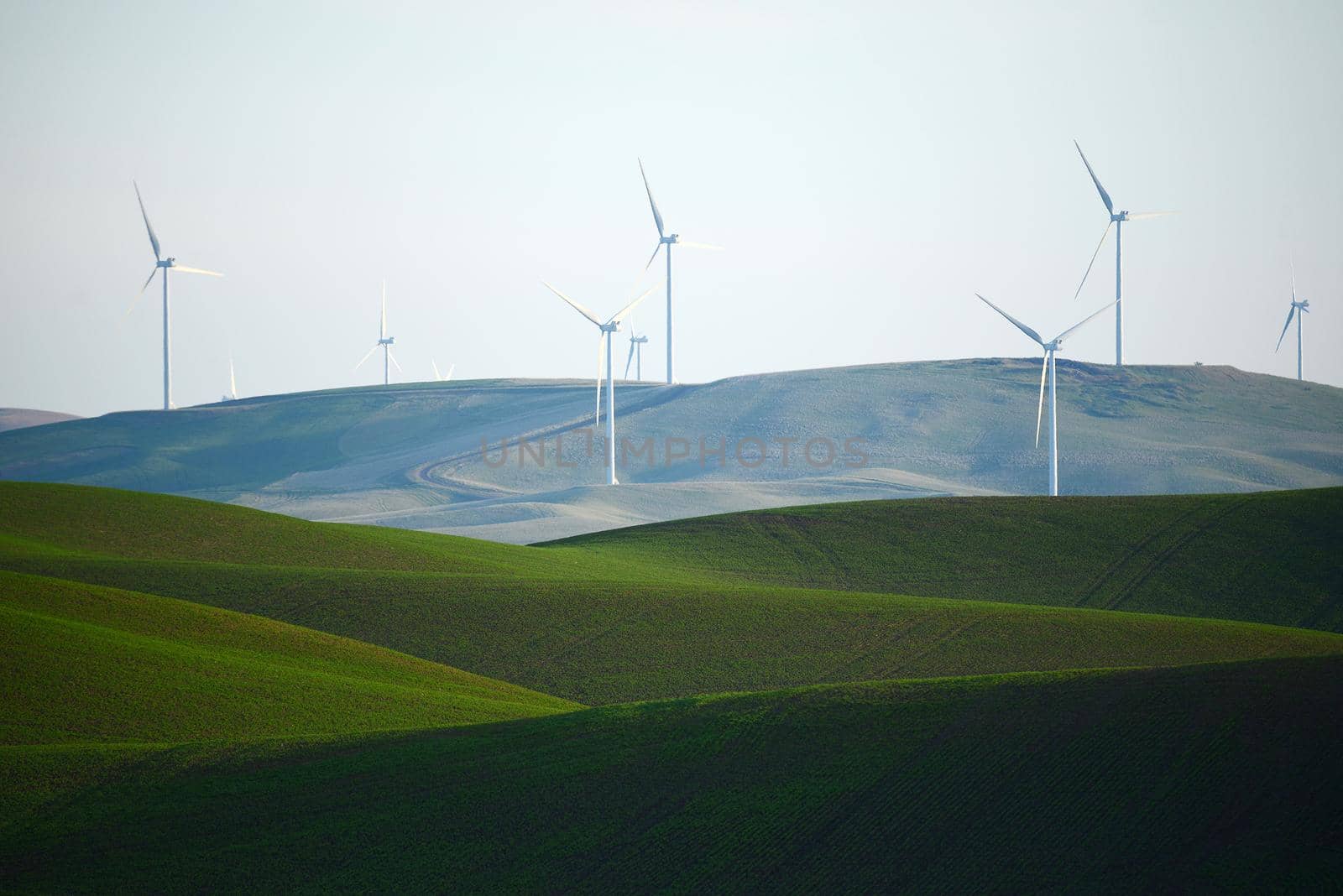 wind mill on green wheat farm hill in palouse, washington