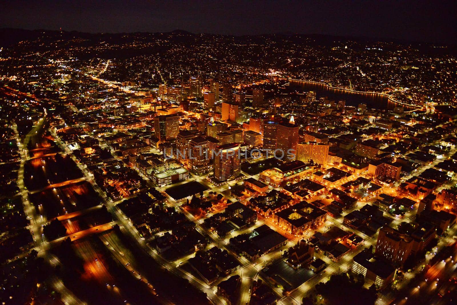 aerial view oakland city at night