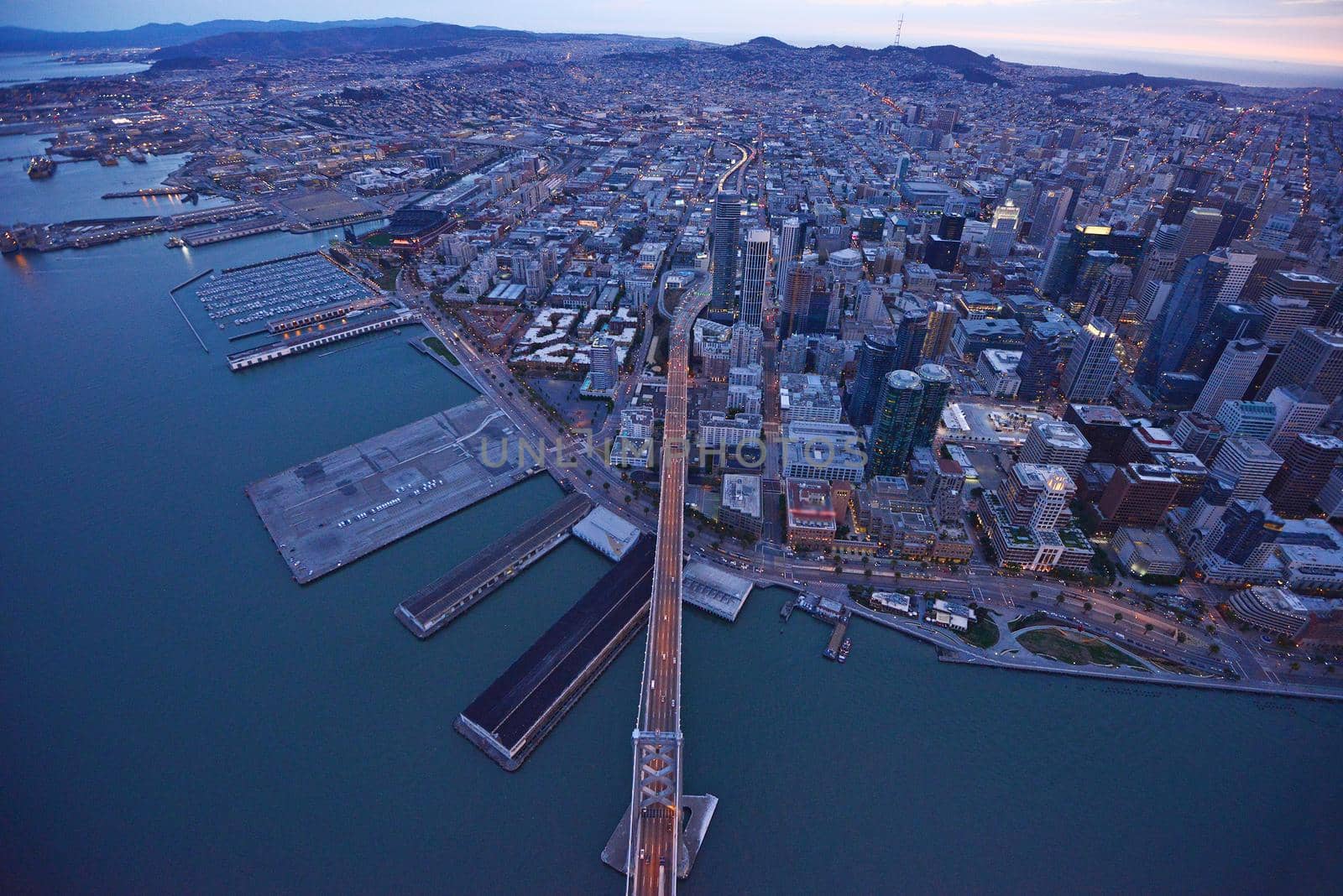 aerial view of bay bridge near san francisco downtown 