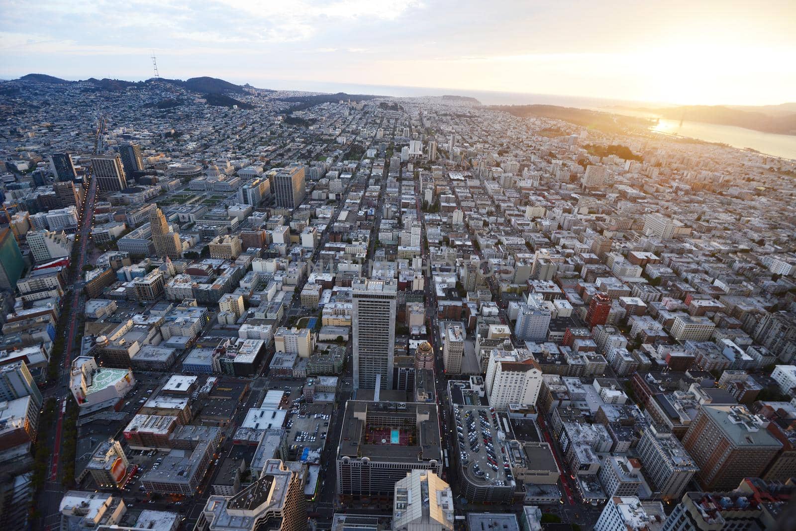 an aerial view of san francisco during sunset