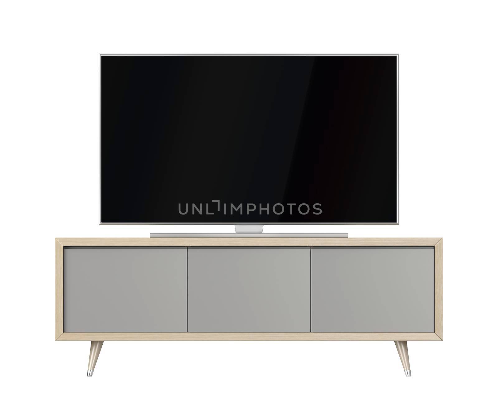 Modern tv cabinet and big tv with blank screen, isolated on white background