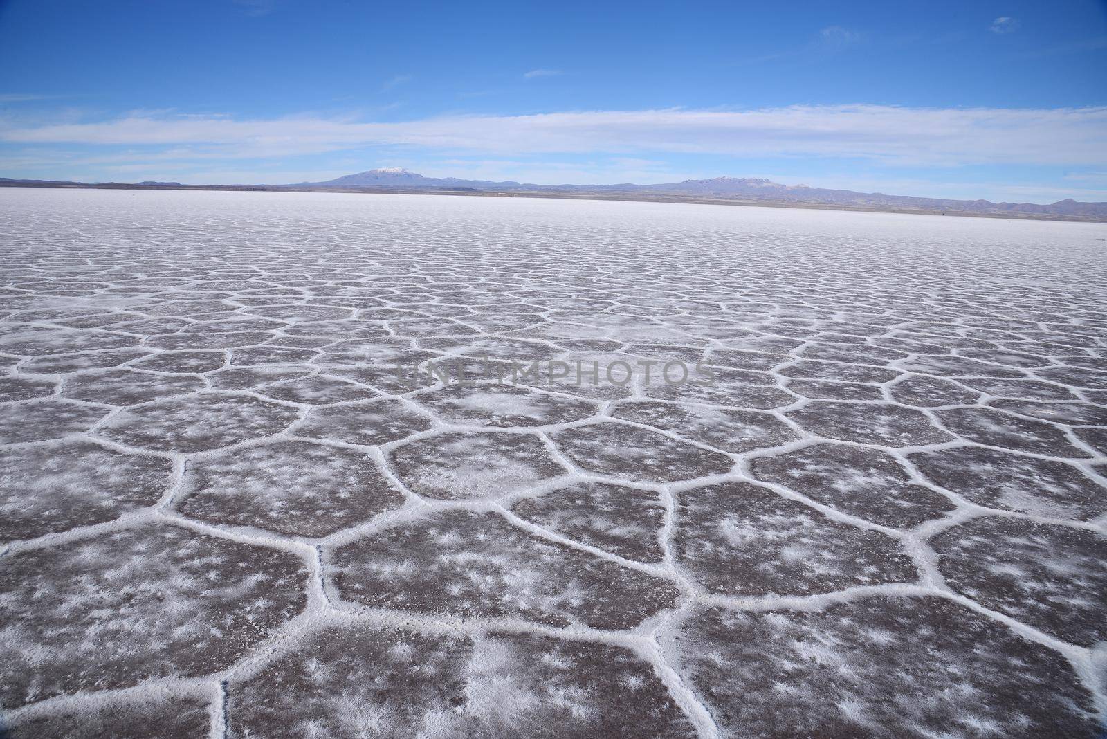 hexagonal pattern from Uyuni salt flat in high altitude desert in bolivia