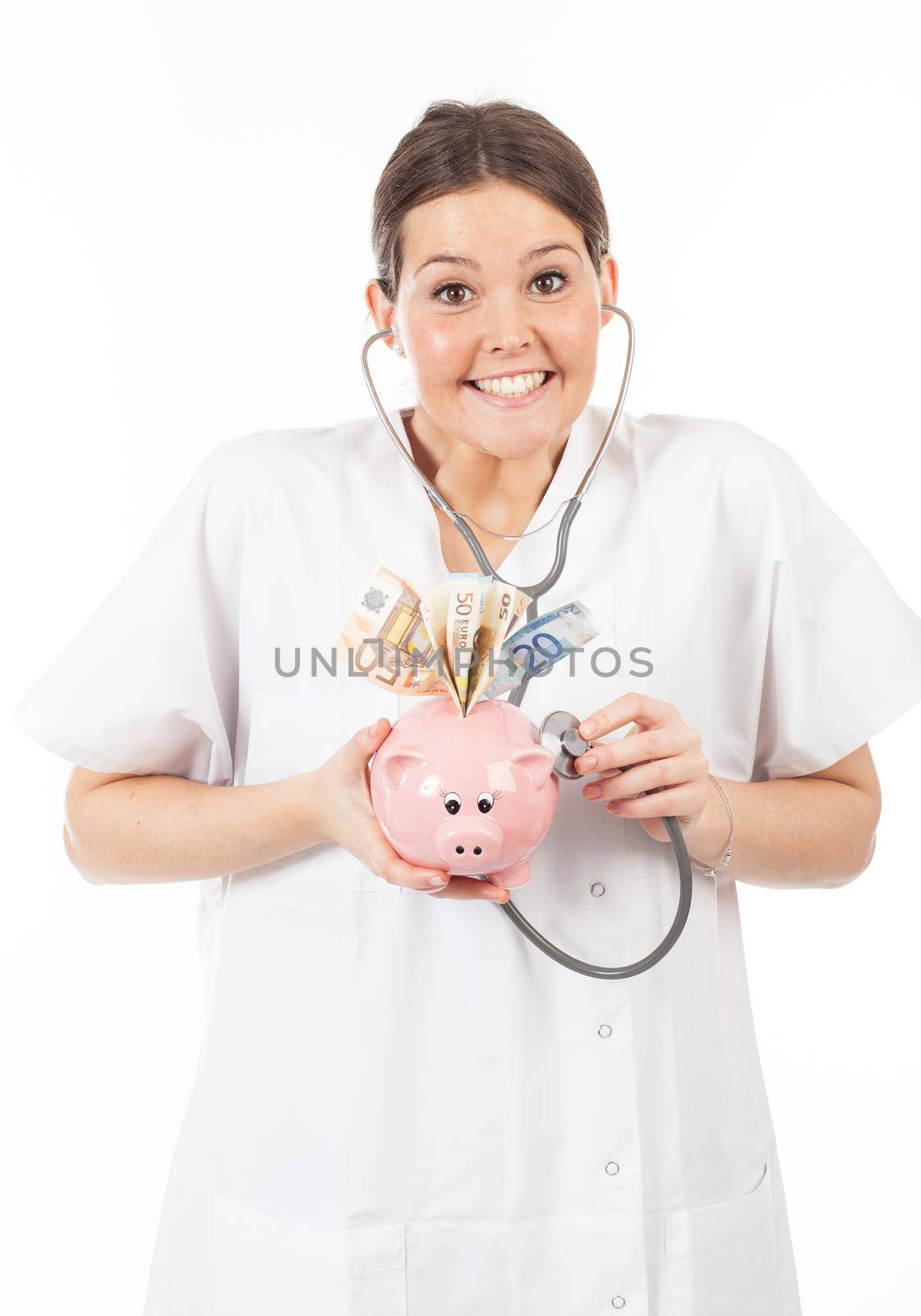 happy woman doctor with piggy bank full of money