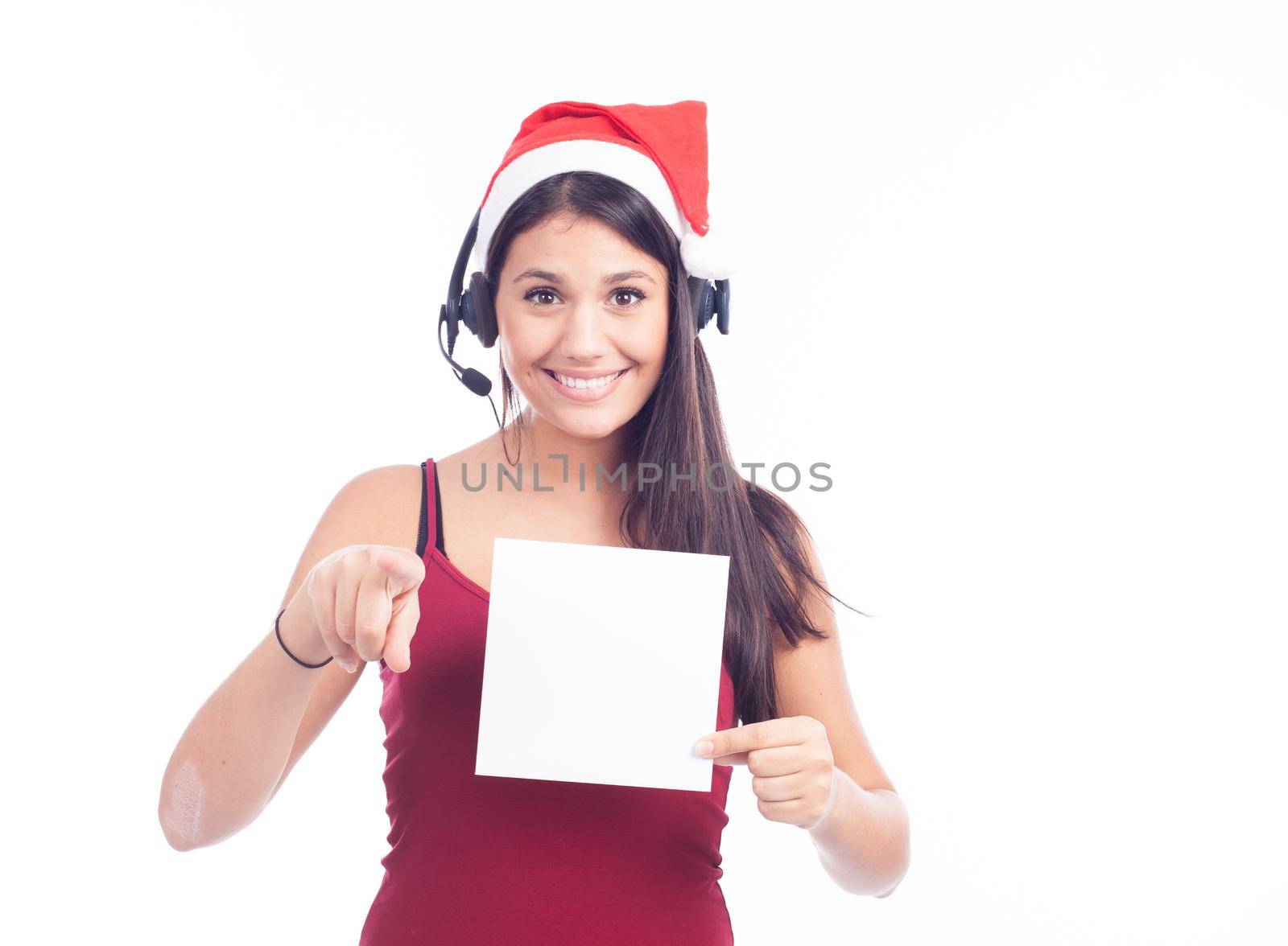 Christmas phone operator woman showing blank signboard