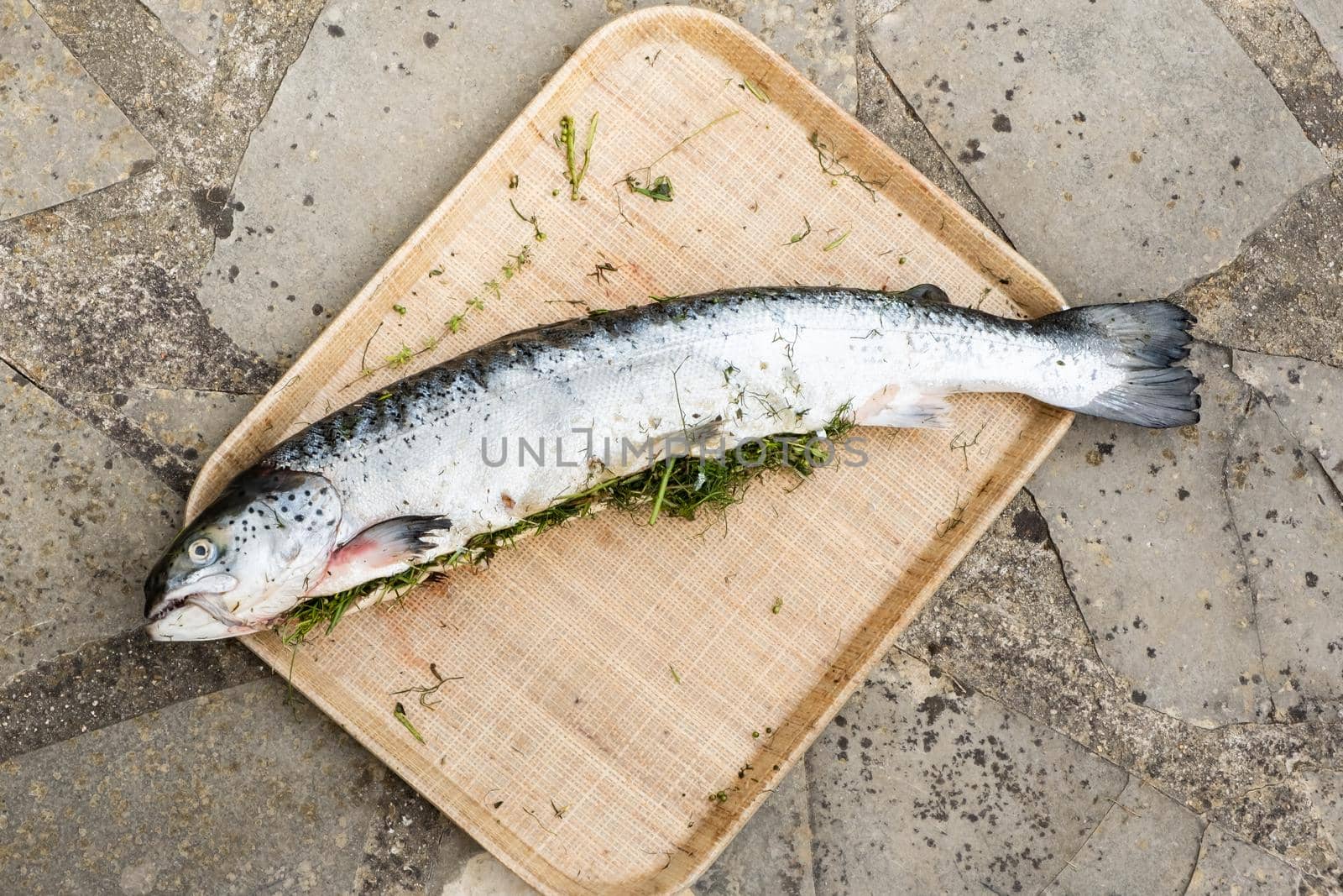 salmon stuffed with herbs to be grilled on the barbecue