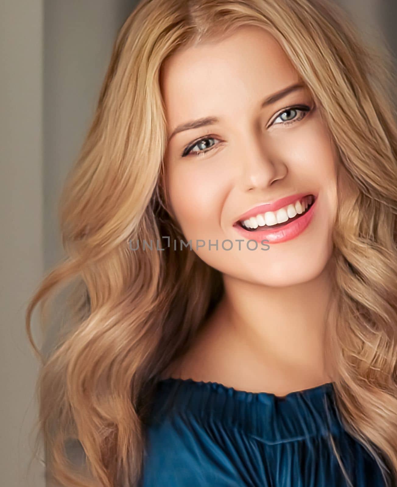 Beauty and femininity, beautiful blonde woman with long blond hair smiling, natural portrait by Anneleven