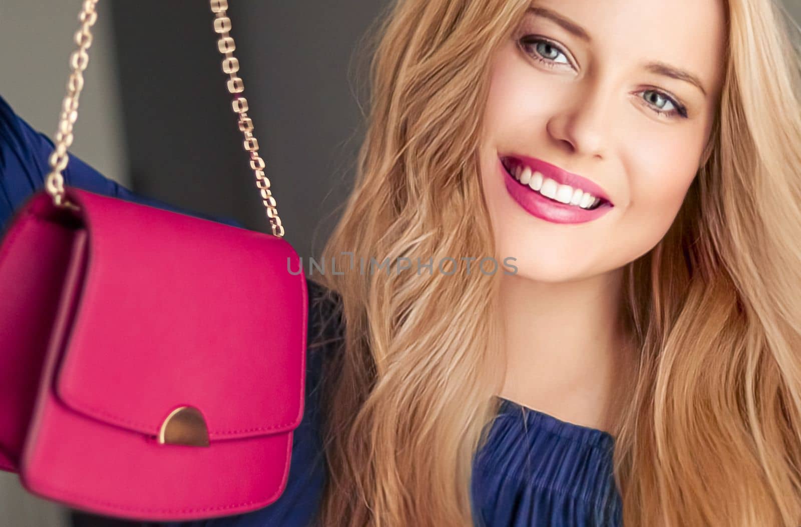 Fashion and accessories, happy beautiful woman holding small pink handbag with golden details as stylish accessory and luxury shopping by Anneleven