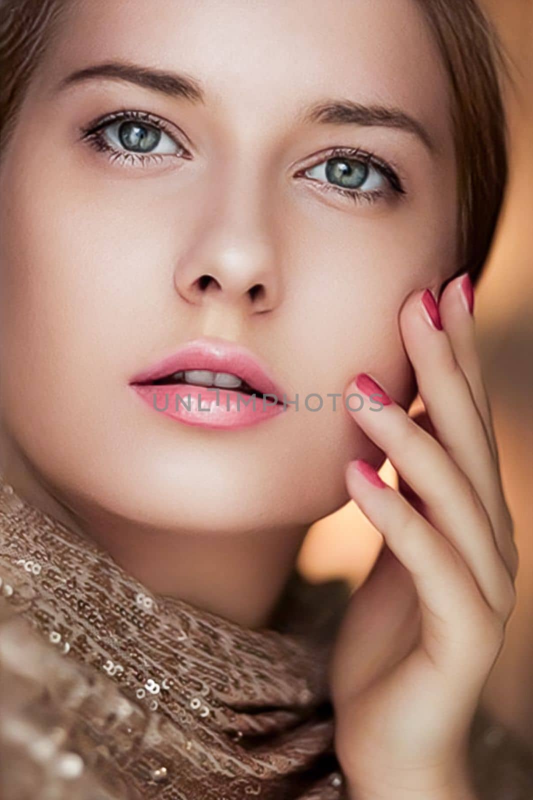 Beauty, makeup and glamour, face portrait of beautiful woman with manicure and pink lipstick make-up wearing gold for luxury cosmetics, style and fashion by Anneleven