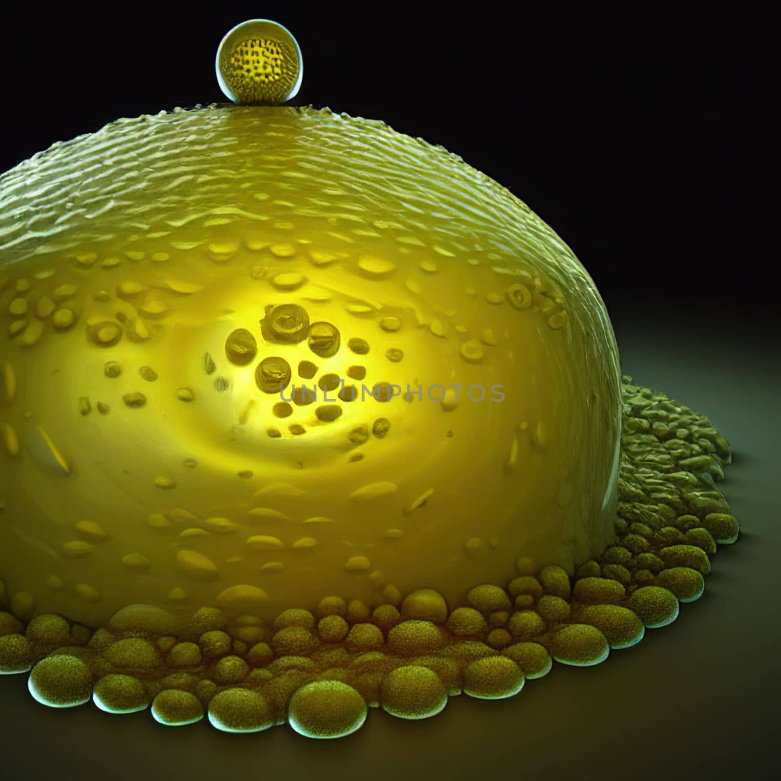 Abstract pathogenic virus cell, cancer cell under microscope, digital illustration by clusterx