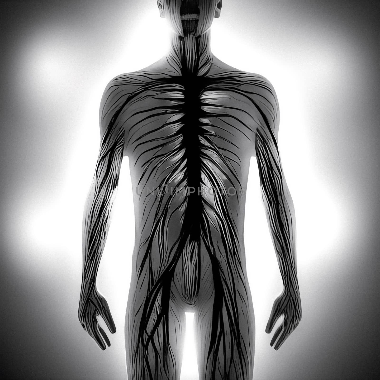 Abstract human male silhouette with circulatory system, digital illustration by clusterx