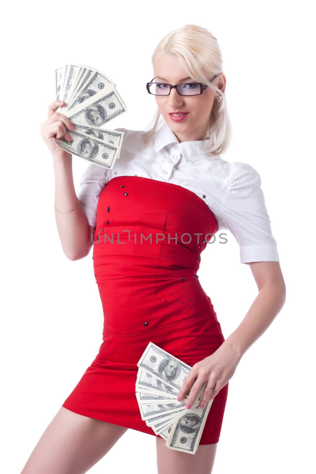 sexy blond business woman hide dollars isolated