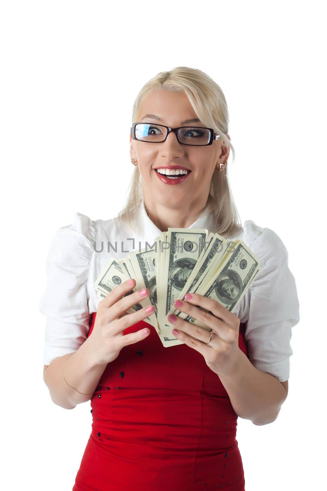 Happy blond business woman in red with money by rivertime