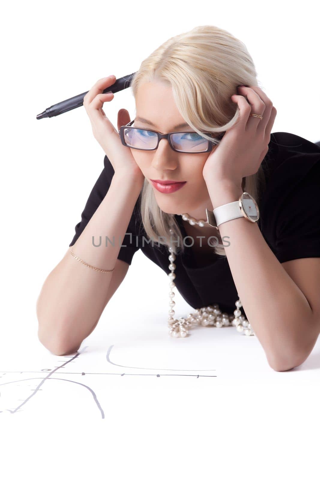 Cute blond woman thnking on drawing graph isolated