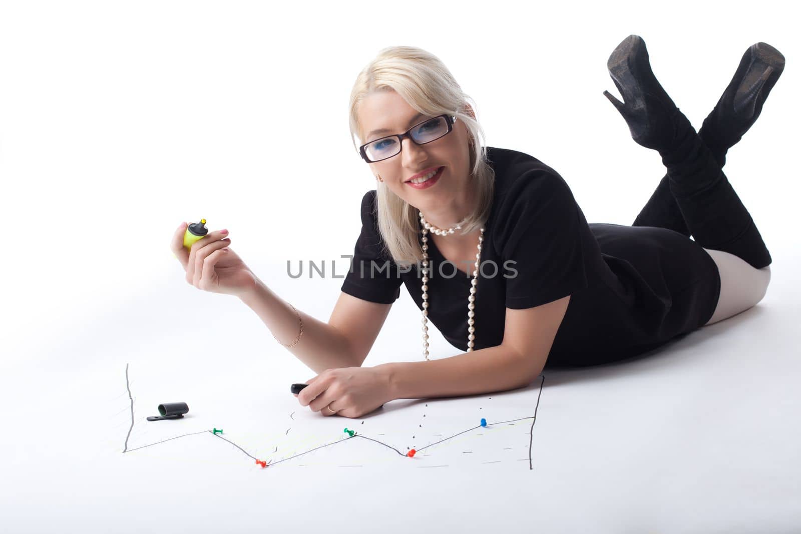 Cute blond business woman draw financial graph isolated