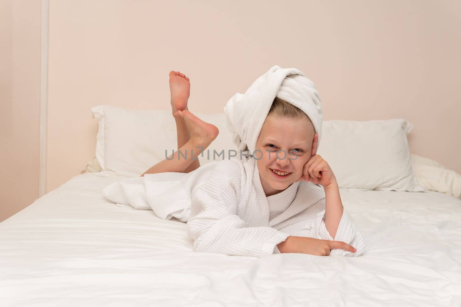 Smiling coffee smile elbows thinks Creek copyspace bathrobe bed cute, concept bathroom dressing for young and happy spa, towel background. Care kid fashion,
