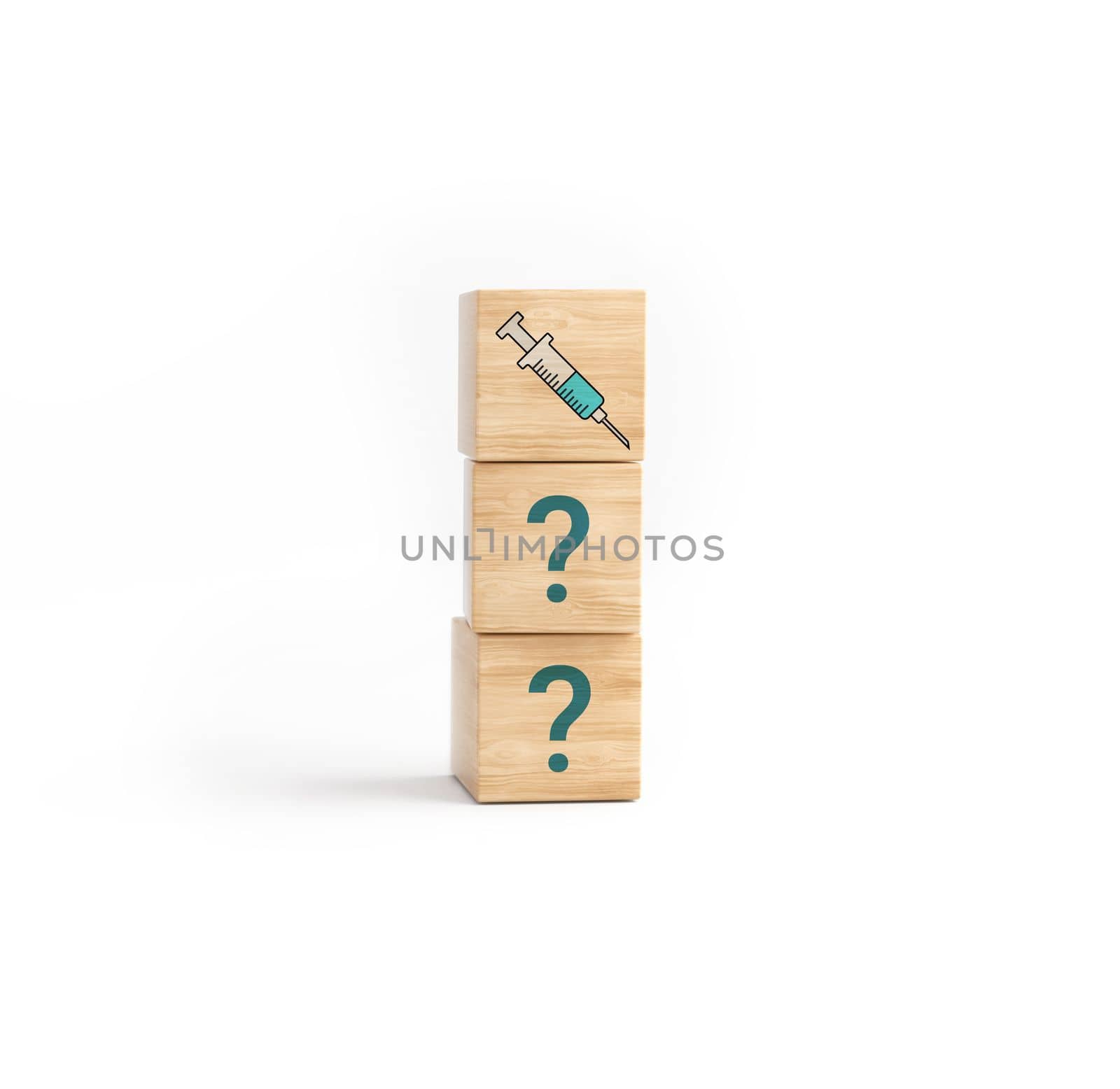 ? Questions when the vaccine against in covid in wooden cube block on white background. icon syringe.