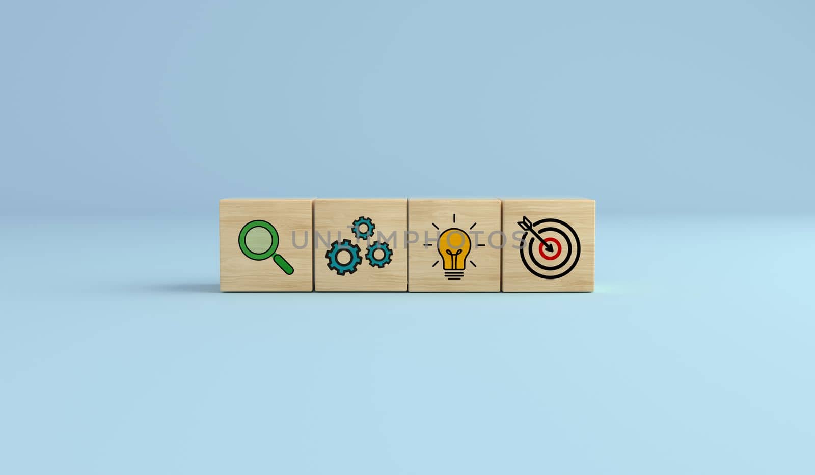 Concept of business strategy and action plan. Wooden cube block with icon target, light bulb, gears and search on blue background. success.