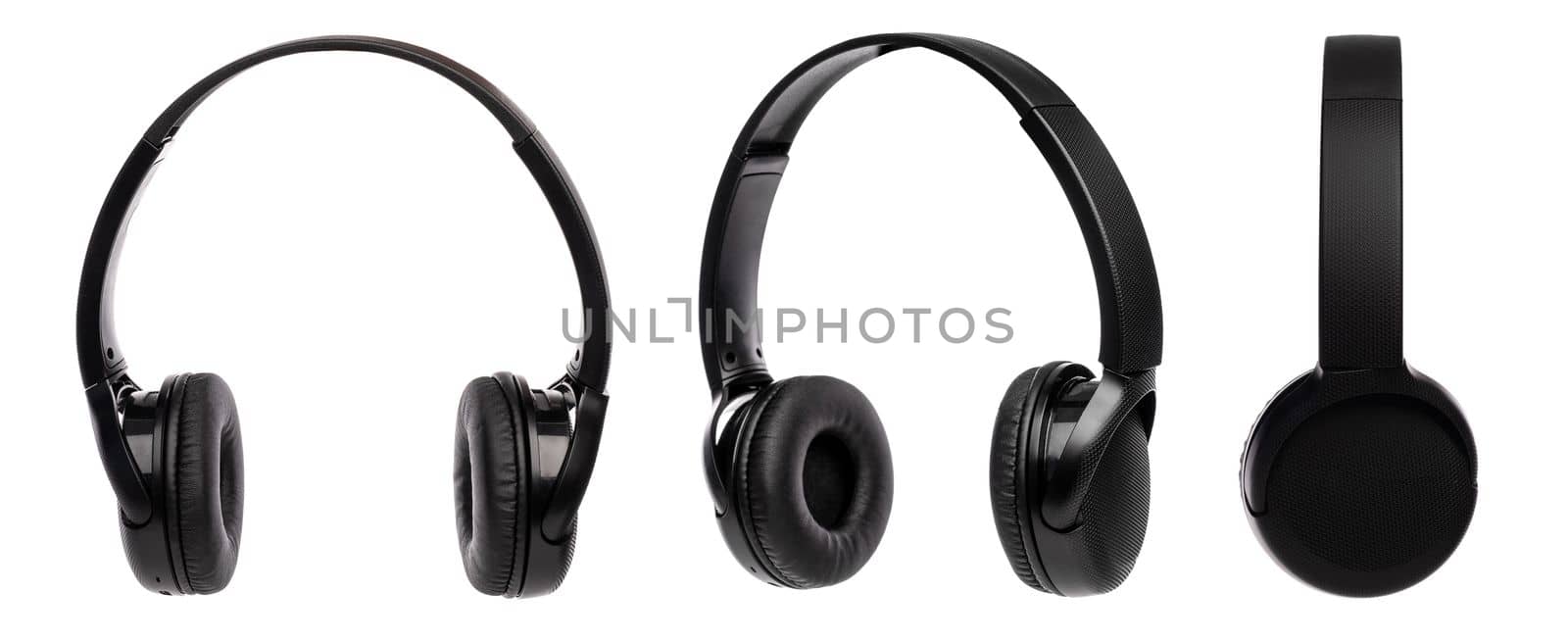 Set of Black wireless headphones isolated on white background