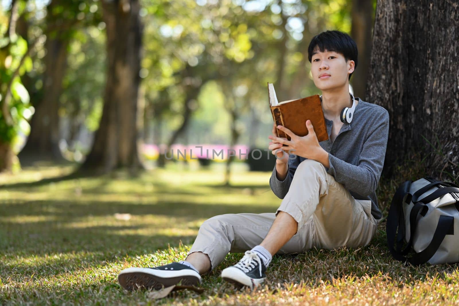 Young asian man student reading interesting book, spending time with pleasure while sitting on green grass in city park.