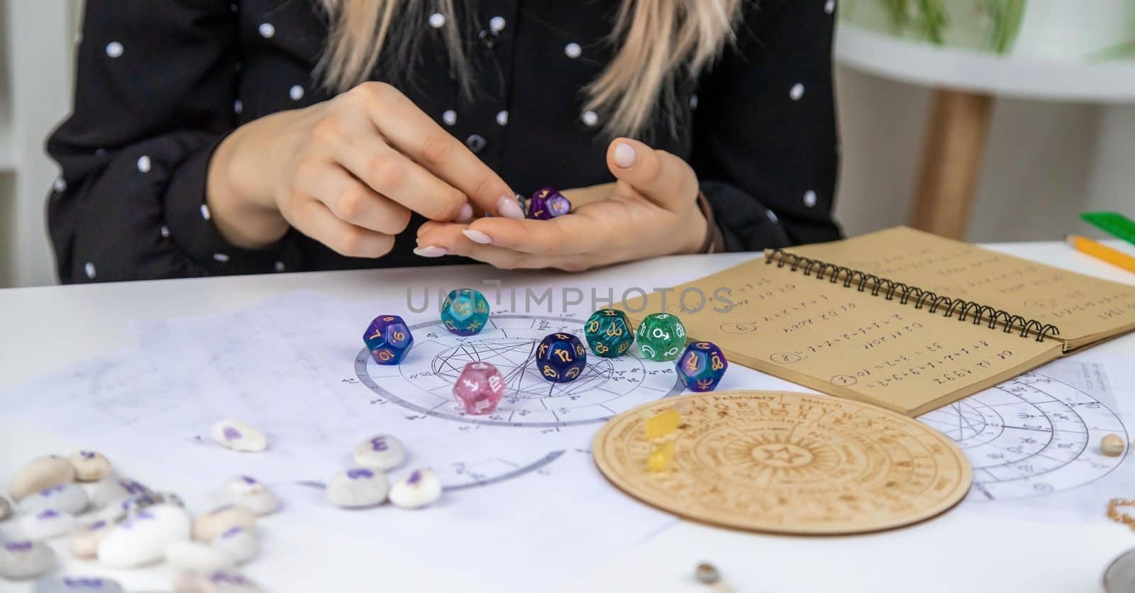 Woman numerologist astrologer counts numbers. Selective focus. People.
