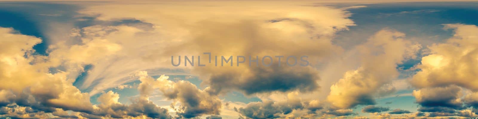 Dark blue twilight sky panorama with Cumulus clouds. Seamless hdr 360 panorama in spherical equiangular format. Full zenith or sky dome for 3D visualization, sky replacement for aerial drone panoramas