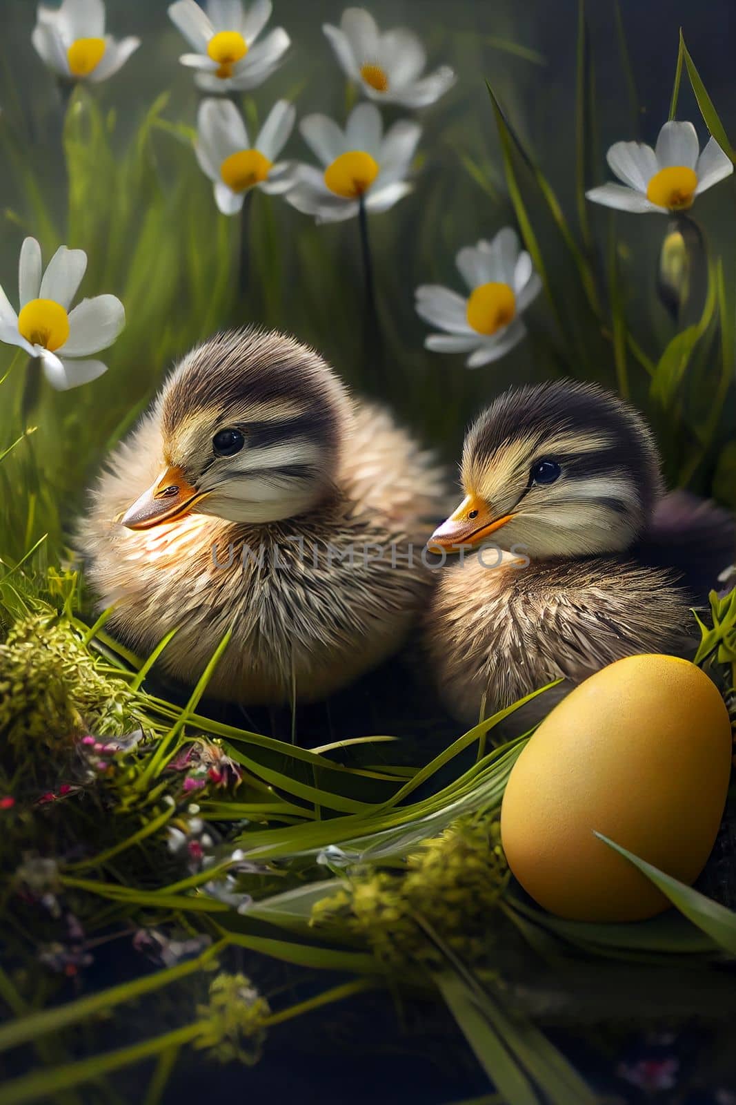 Two cute ducklings in the nest near the eggs by studiodav