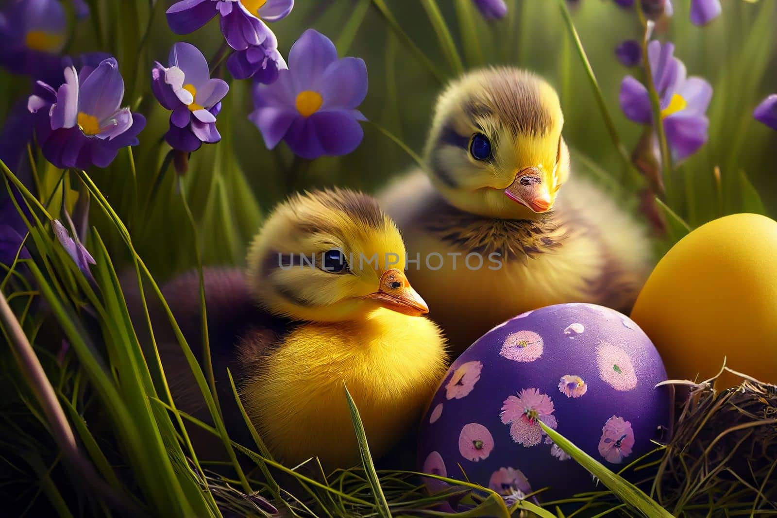 Two cute ducklings in the nest near the eggs by studiodav