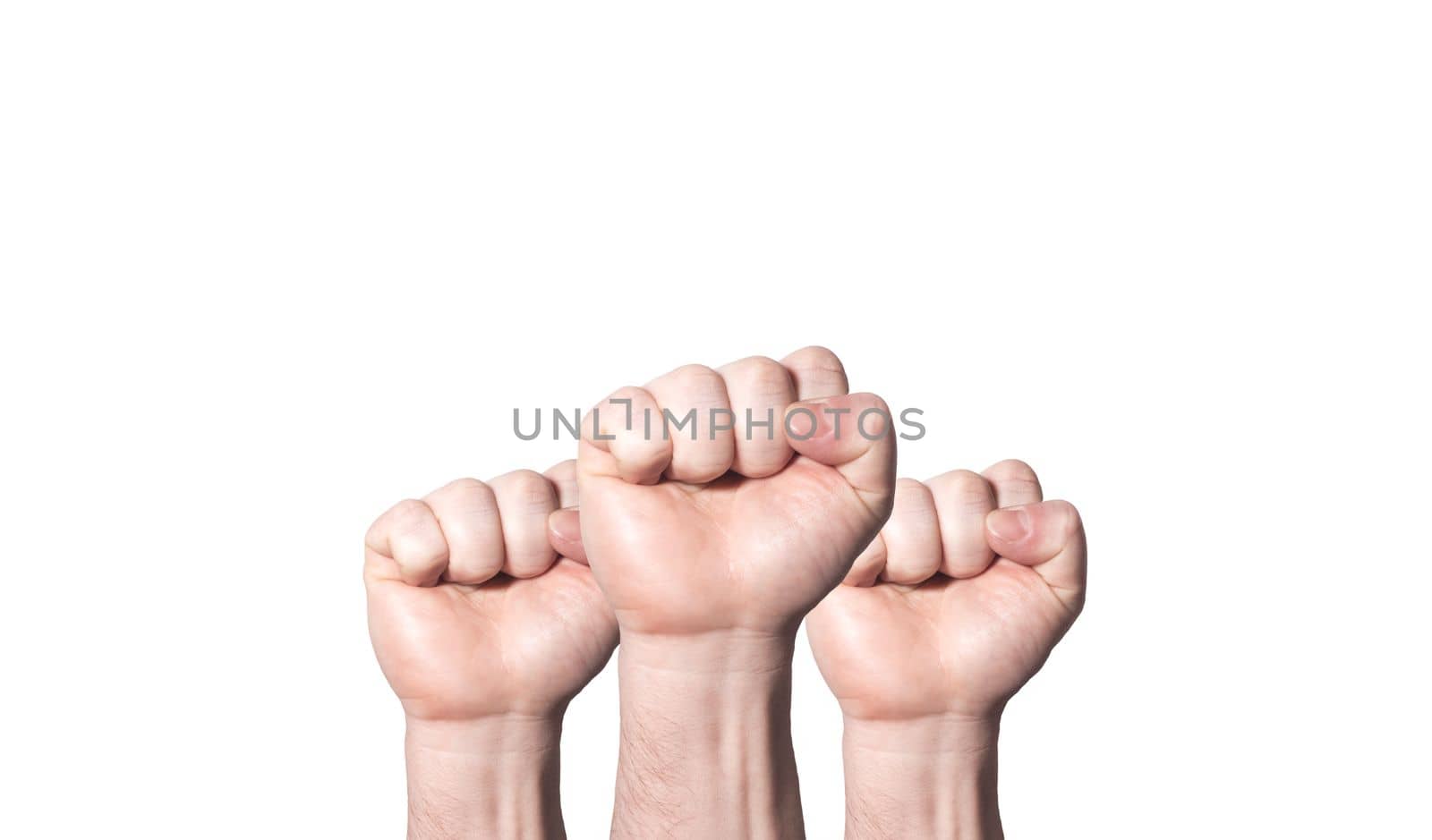 Fists raised up banner about unity isolated on white, solidarity of people