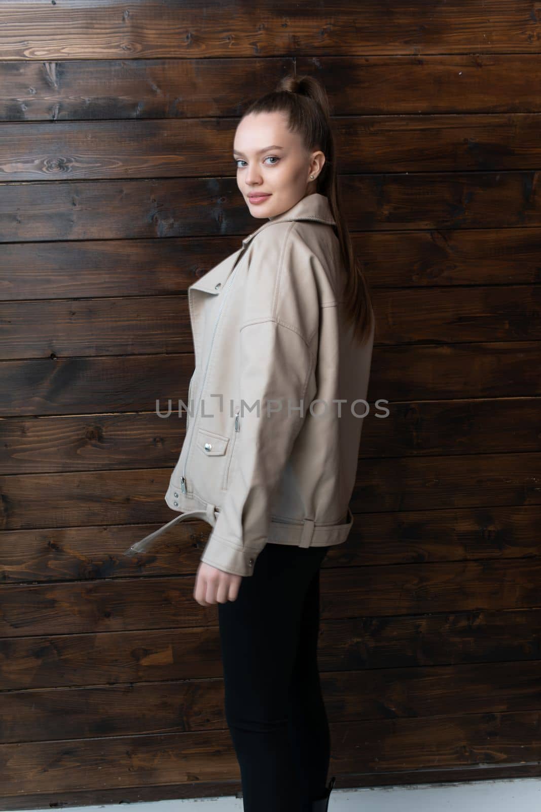 woman stylish leather fashion beauty model portrait female beige style young jacket by 89167702191