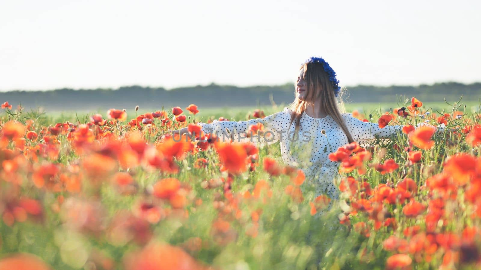 Ukrainian girl walking through a red poppy field