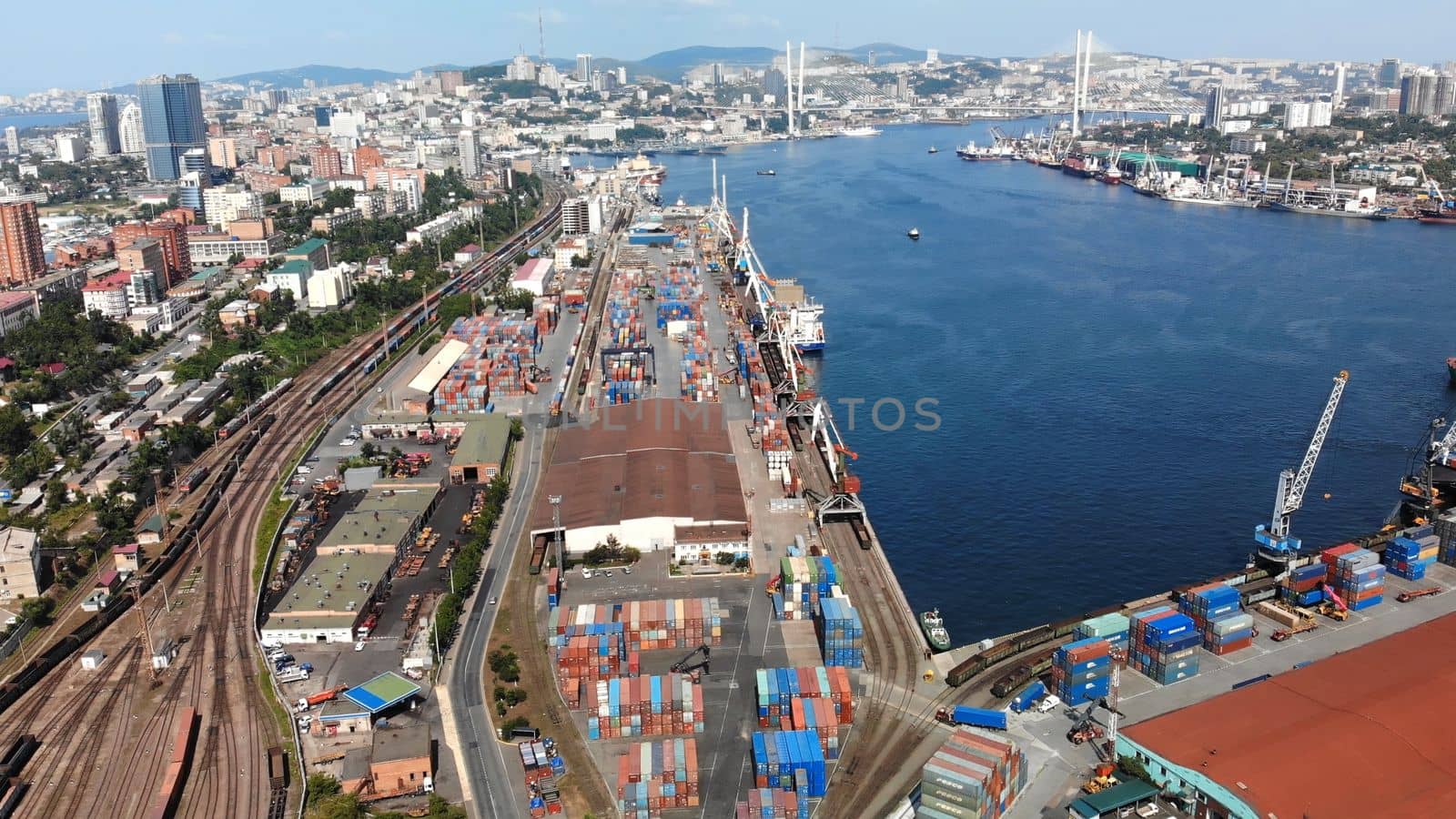 Top view. Vladivostok Commercial Sea Port. Industrial port with containers in Vladivostok