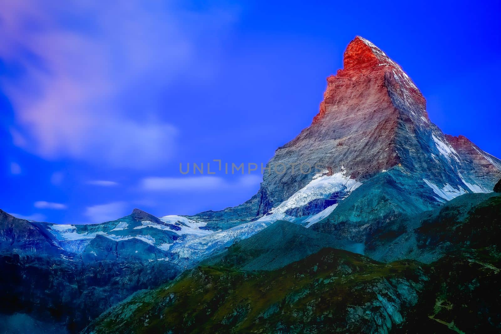 Matterhorn above zermatt pine trees woodland idyllic valley, Swiss Alps