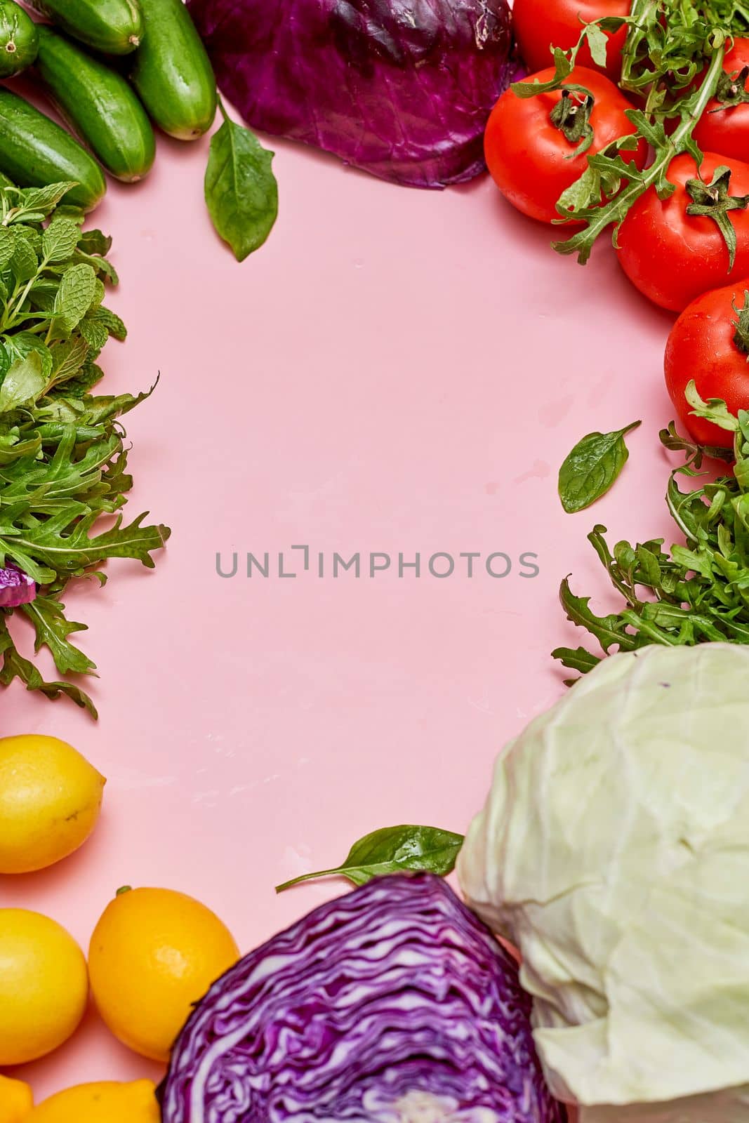 a circle of vegetables including lettuce tomatoes and other vegetables by golibtolibov