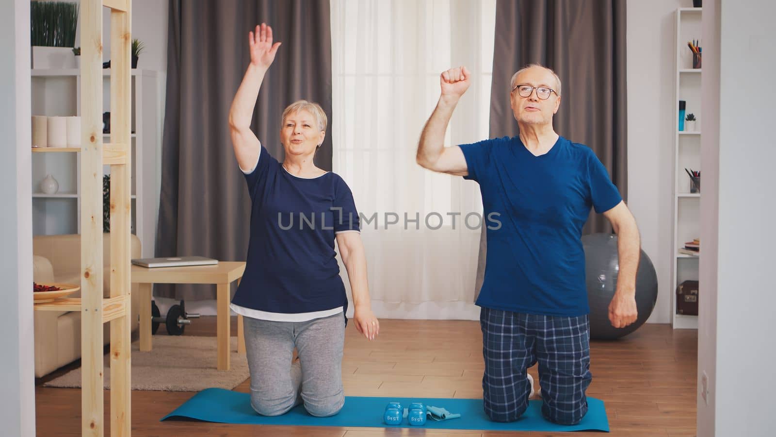 Senior couple enjoying their physical training together. Old person healthy lifestyle exercise at home, workout and training, sport activity at home