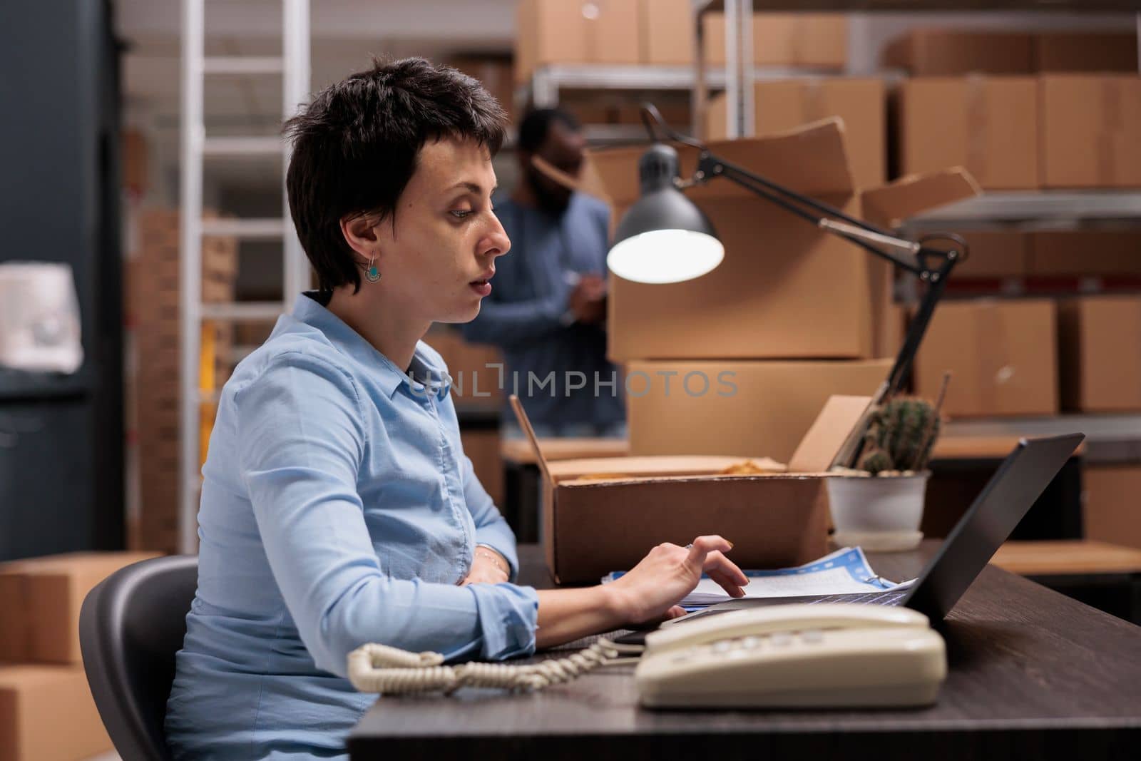 Woman manager looking at cargo stock on laptop computer while checking trendy blouse status by DCStudio