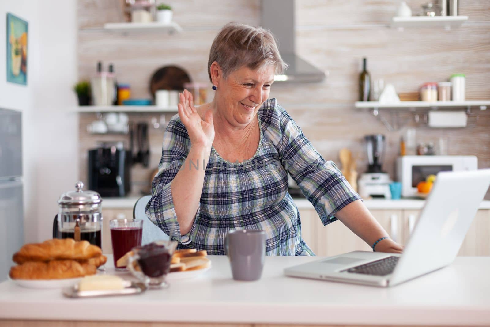 Retired woman waving during online meeting with family on video call using laptop by DCStudio
