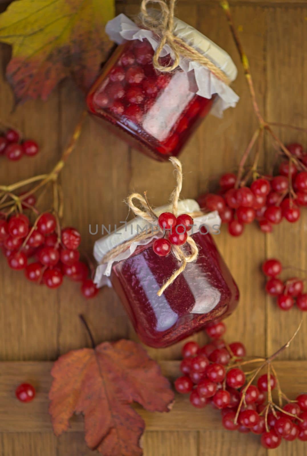 Viburnum fruit jam in a glass jar on a wooden table near the ripe red viburnum berries. Source of natural vitamins. Used in folk medicine. Autumn harvest. by aprilphoto