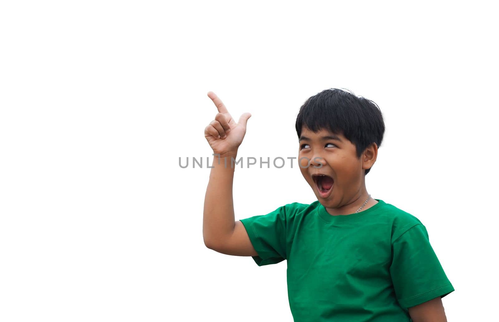 The boy smiled and pointed his hand to his side. on a white background