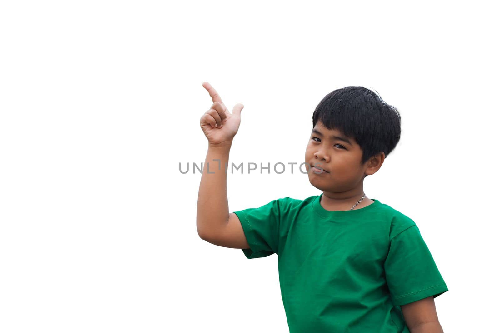 The boy smiled and pointed his hand to his side. on a white background