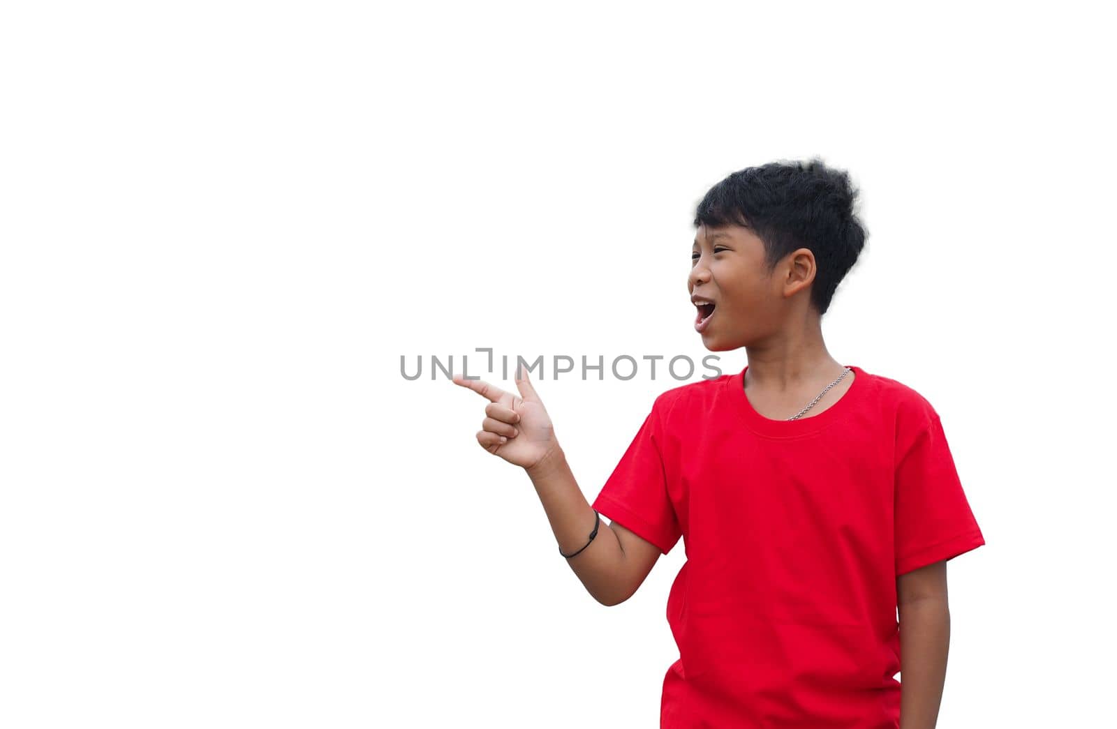 The boy smiled and pointed his hand to his side. on a white background by Unimages2527