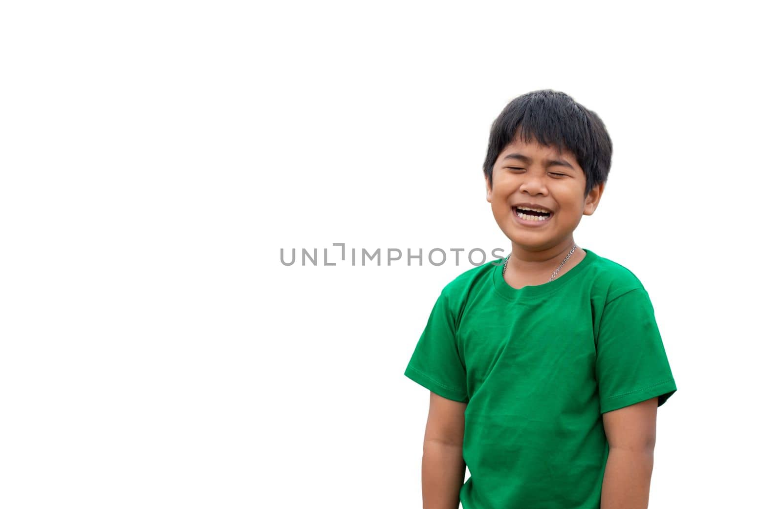 The boy wore a green shirt and stood smiling. on a white background