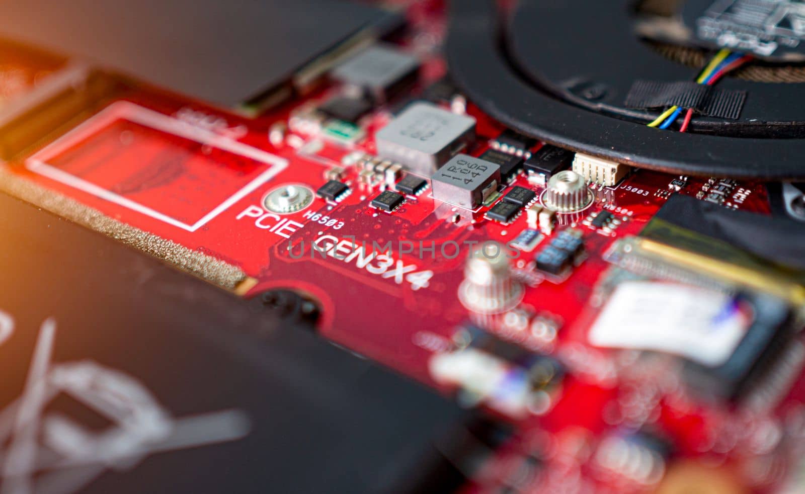 Circuit board with resistors microchips and electronic components. Computer hardware technology. Integrated communication processor. Information engineering. PCB.