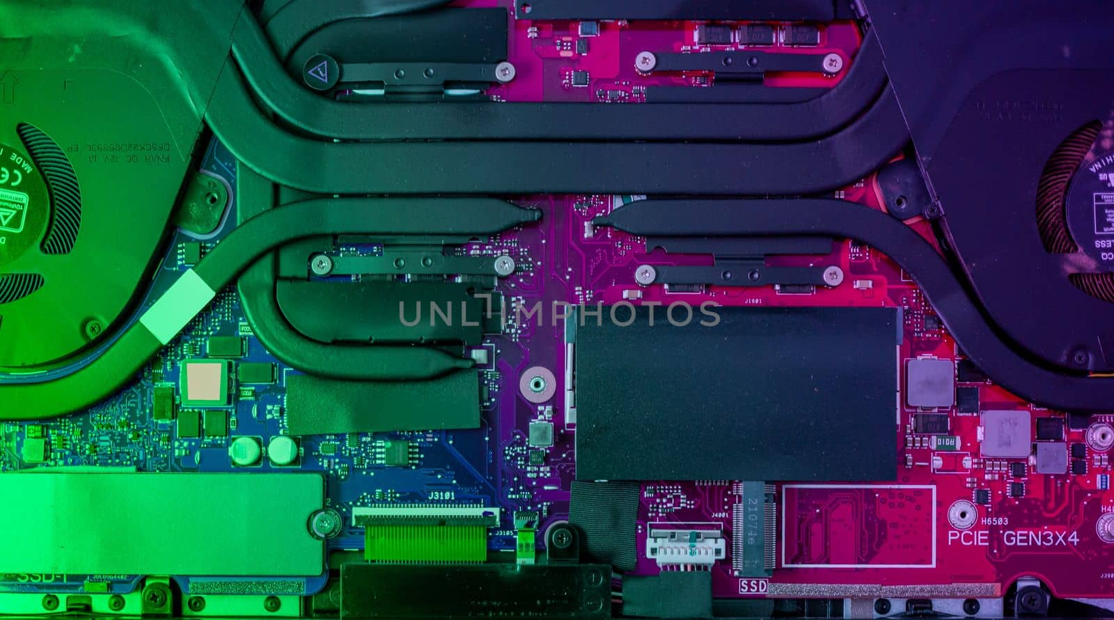 Circuit board with resistors microchips and electronic components. Computer hardware technology. Integrated communication processor. Information engineering. PCB.